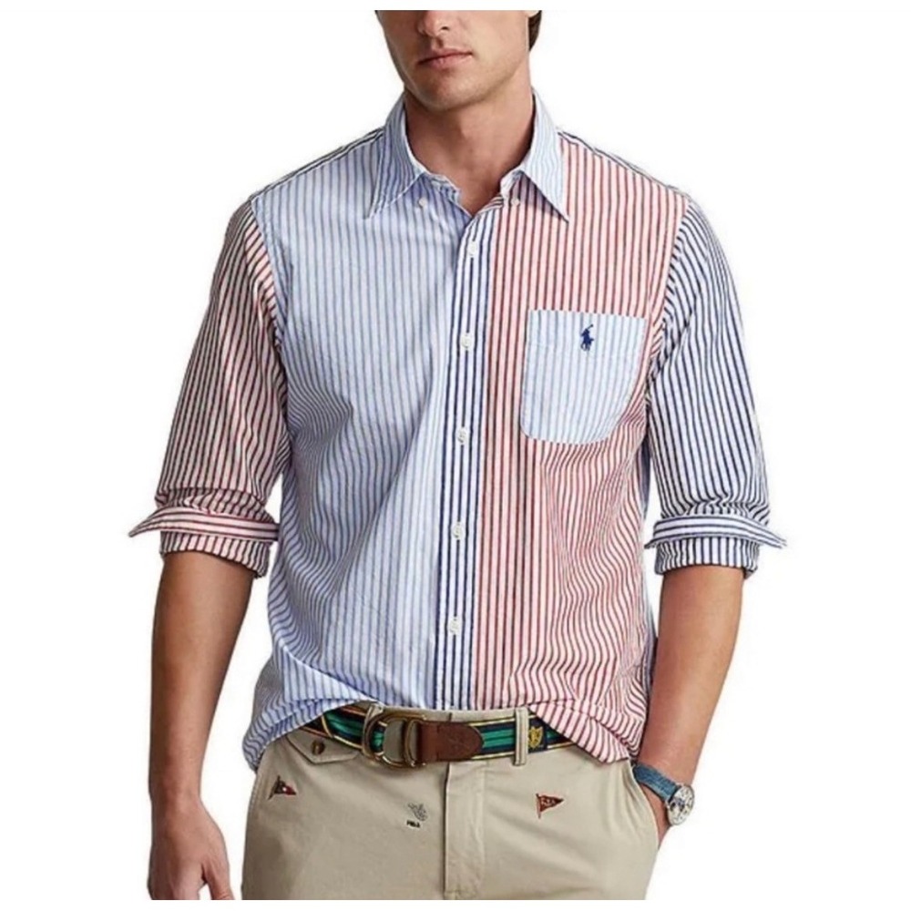 Polo Ralph Lauren Mens XL Classic Fit Striped Colorblock Oxford Shirt Red Blue
